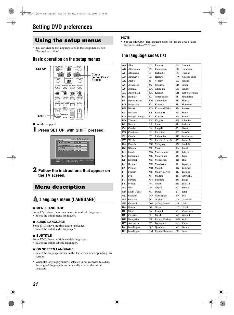 Setting dvd preferences, Using the setup menus menu description, Basic operation on the setup menus | Language menu (language), The language codes list, Press set up, with shift pressed | JVC GVT0155-001A User Manual | Page 34 / 43
