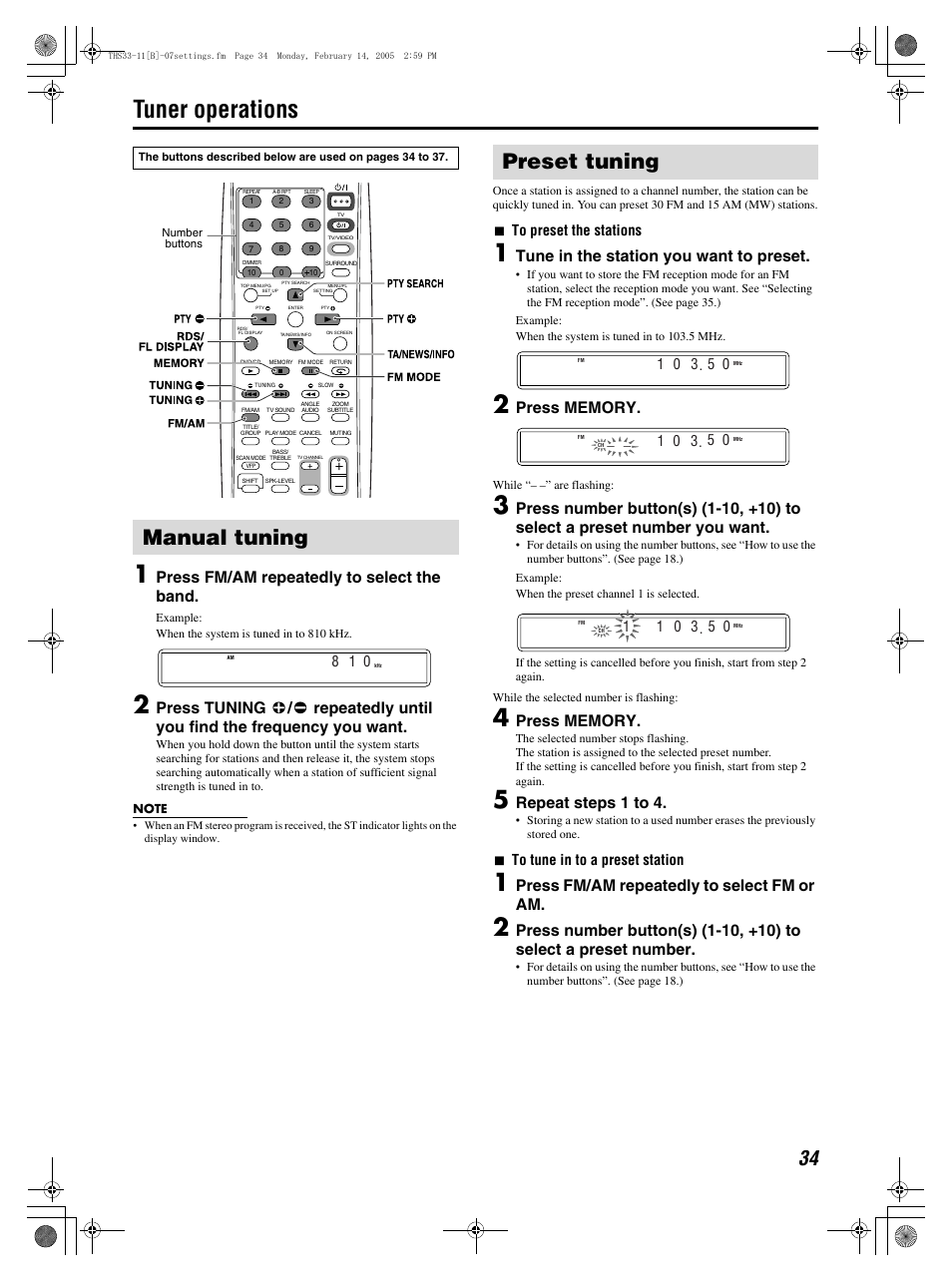 Tuner operations, Tuner operations 1, Manual tuning | Preset tuning, Press fm/am repeatedly to select the band, Tune in the station you want to preset, Repeat steps 1 to 4, Press fm/am repeatedly to select fm or am, 7to preset the stations, 7to tune in to a preset station | JVC GVT0155-001A User Manual | Page 37 / 43