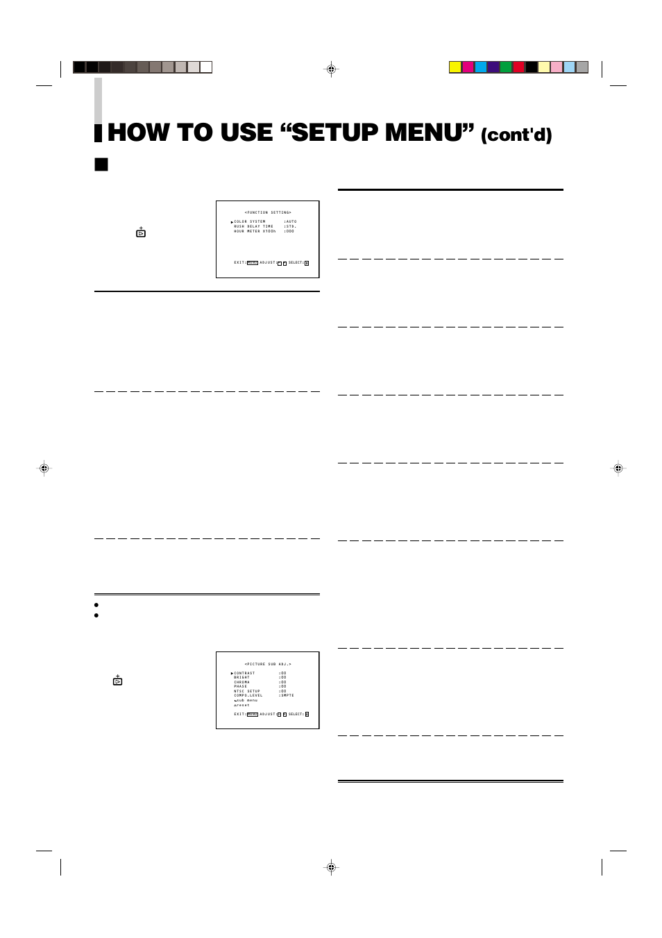 How to use “setup menu, Cont'd), Item contents and adjustment range/settings | JVC V1700CG User Manual | Page 14 / 24