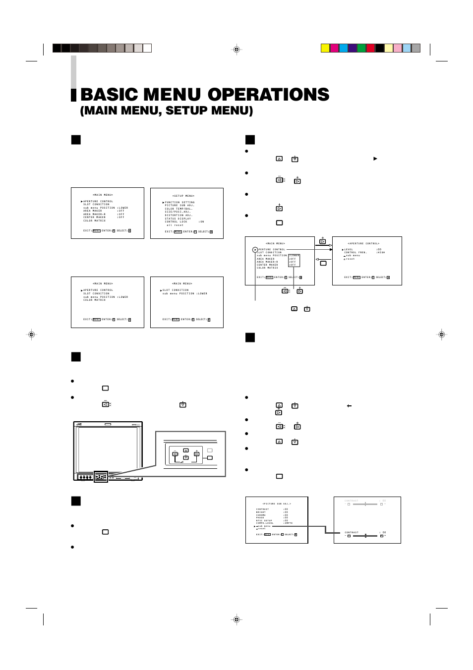 Basic menu operations, Main menu, setup menu) Ⅵ about menu screens, Displaying the menu screens | Closing the menu screens, Basic menu operation, How to use the sub menu, English | JVC V1700CG User Manual | Page 9 / 24