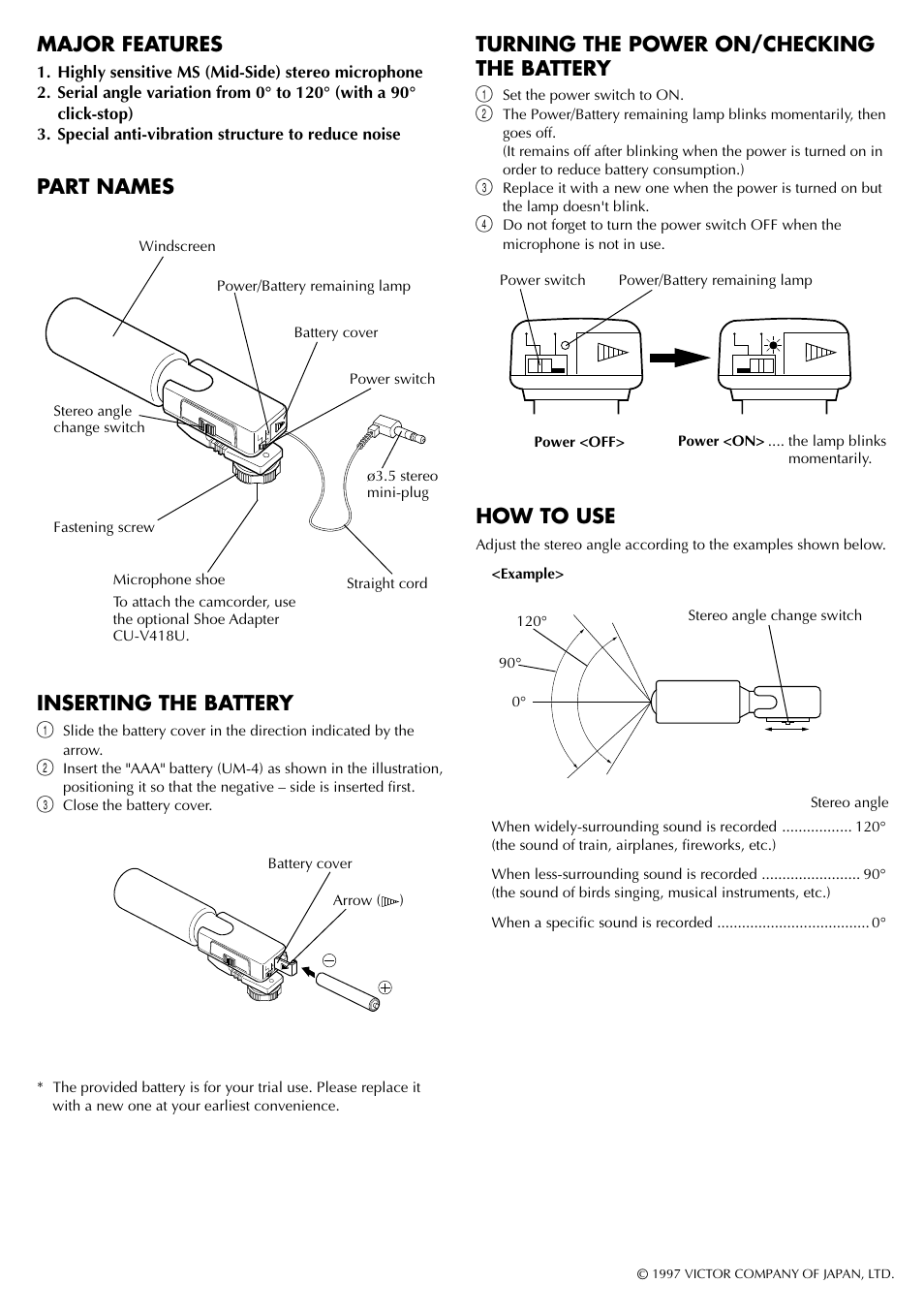 Major features, Part names inserting the battery, Turning the power on/checking the battery | How to use | JVC CU V10U User Manual | Page 2 / 2