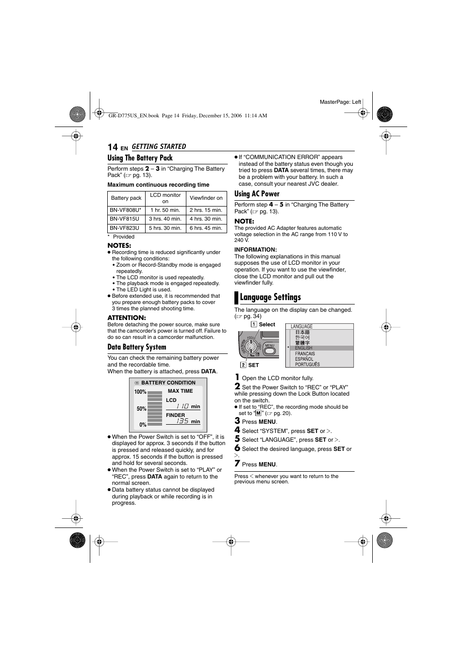 Using the battery pack, Data battery system, Using ac power | Language settings, Pg. 14) | JVC GR-D775U User Manual | Page 14 / 52