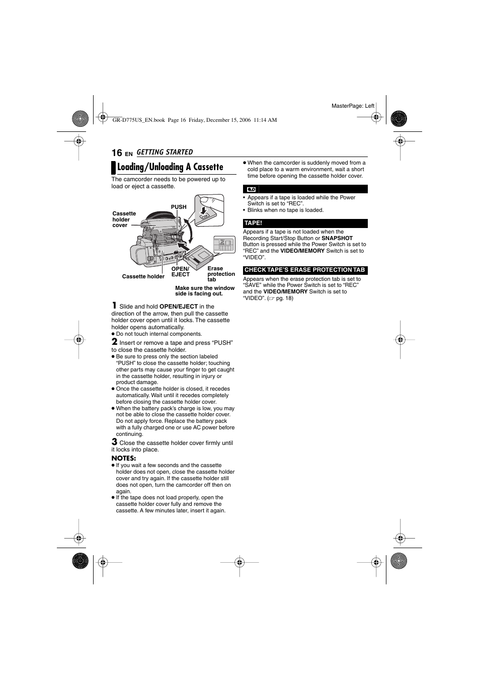 Loading/unloading a cassette, Loading/unloading a memory card, Pg. 16) | Er (੬ pg. 16) | JVC GR-D775U User Manual | Page 16 / 52