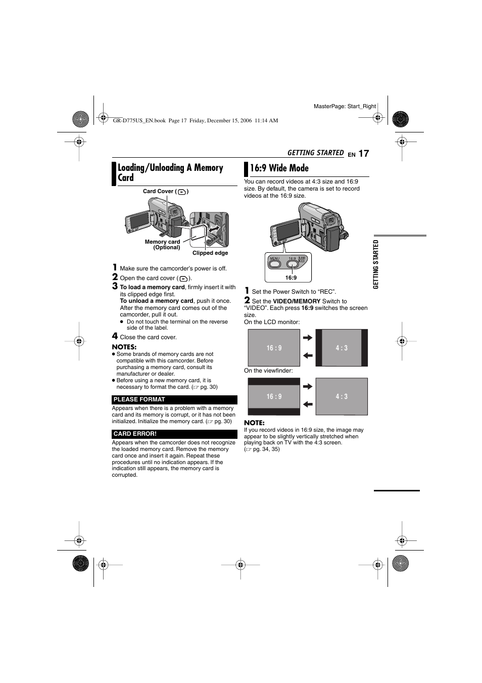 Loading/unloading a memory card, 9 wide mode, Pg. 17) | Wide mode indicator | JVC GR-D775U User Manual | Page 17 / 52