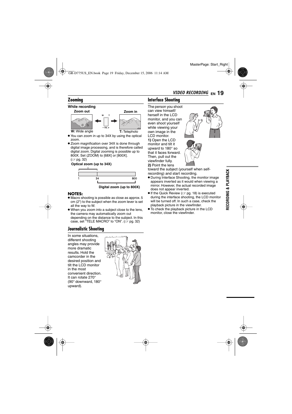 Zooming, Journalistic shooting, Interface shooting | 19 journalistic shooting interface shooting, Er [t/w, Pg. 19), Ximate zoom ratio, Zoom indicator | JVC GR-D775U User Manual | Page 19 / 52