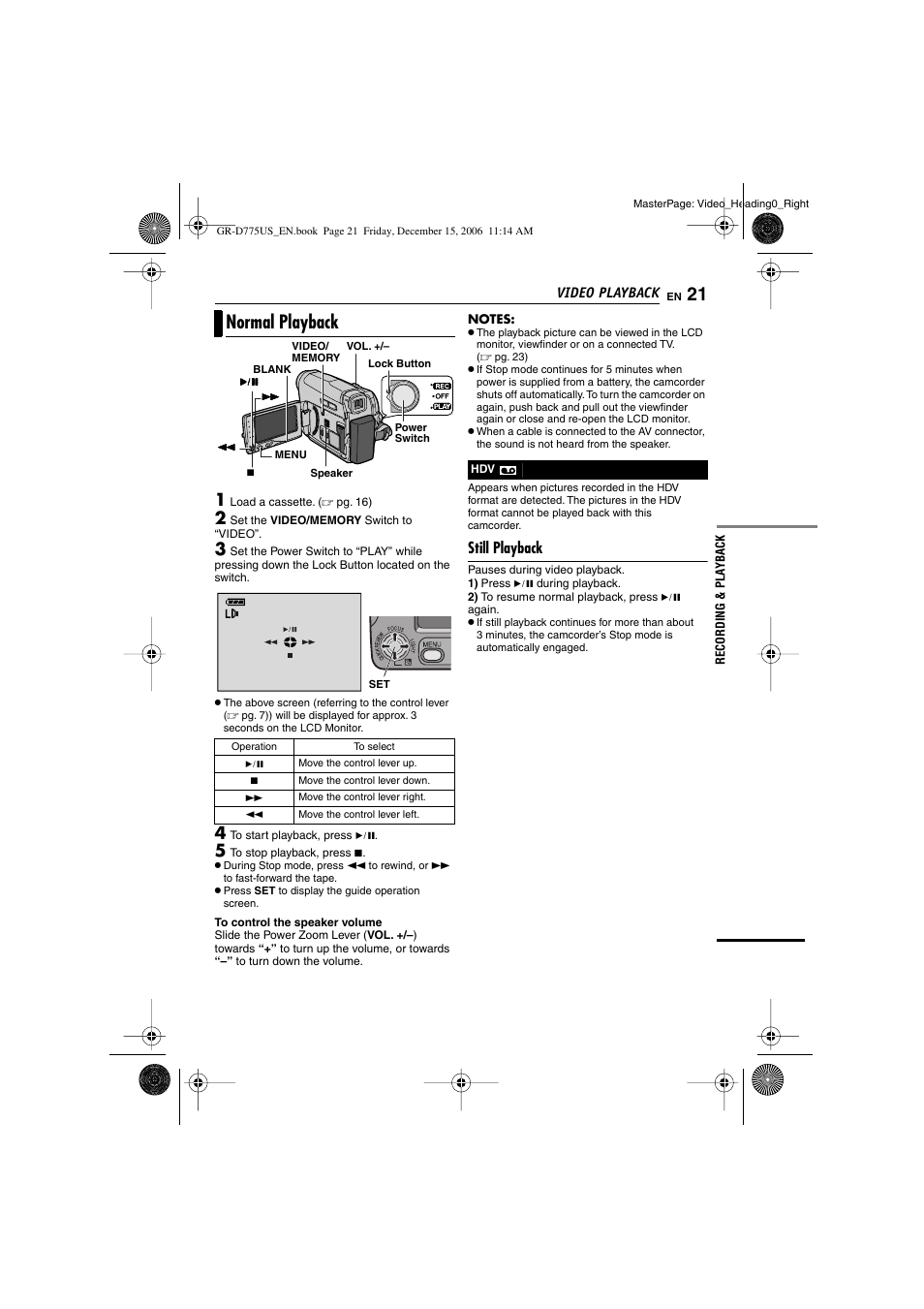 Video playback, Normal playback, Still playback | Pg. 21), Er (੬ pg. 21) | JVC GR-D775U User Manual | Page 21 / 52