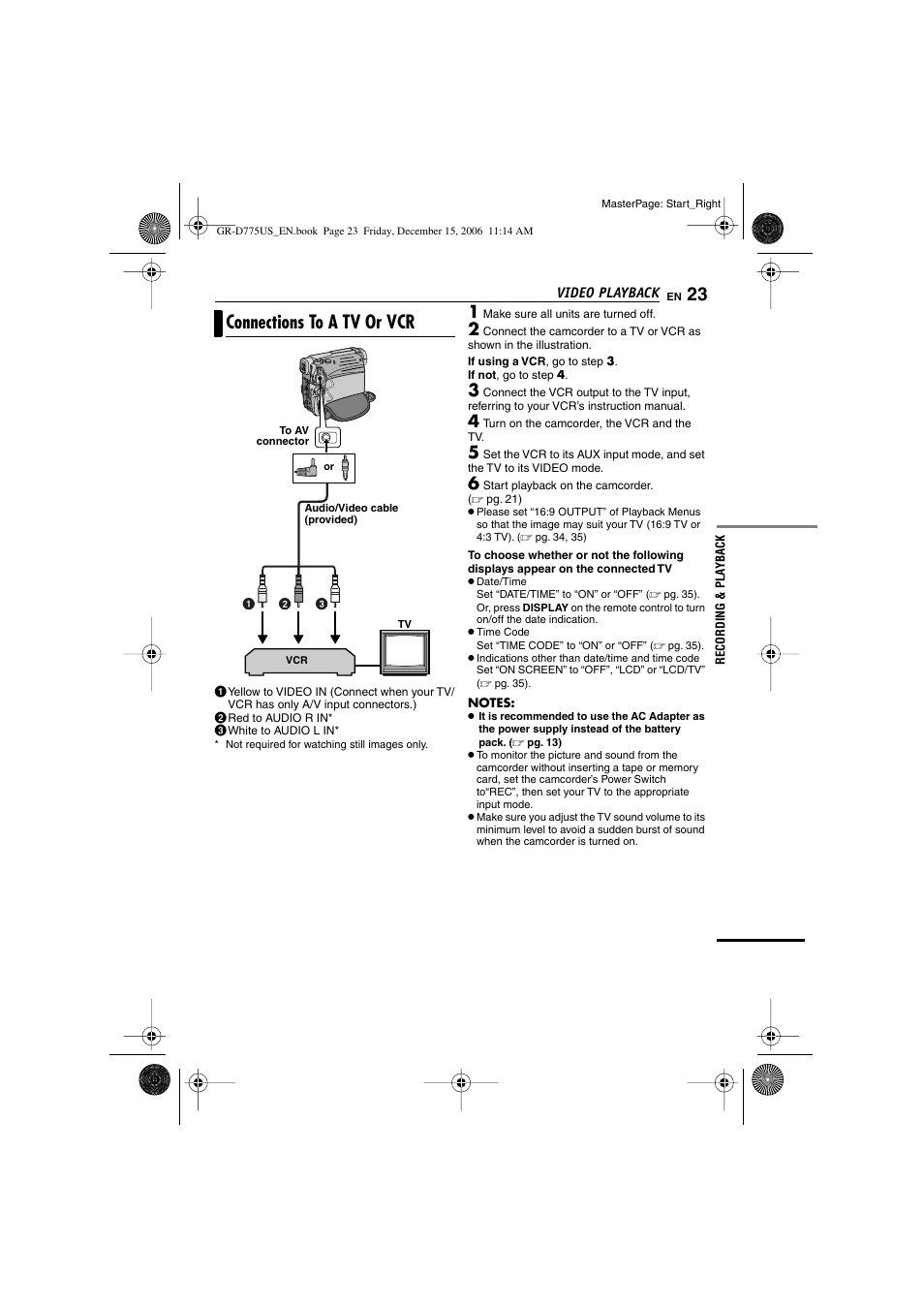 Connections to a tv or vcr, Pg. 23, 42), Pg. 23) | JVC GR-D775U User Manual | Page 23 / 52