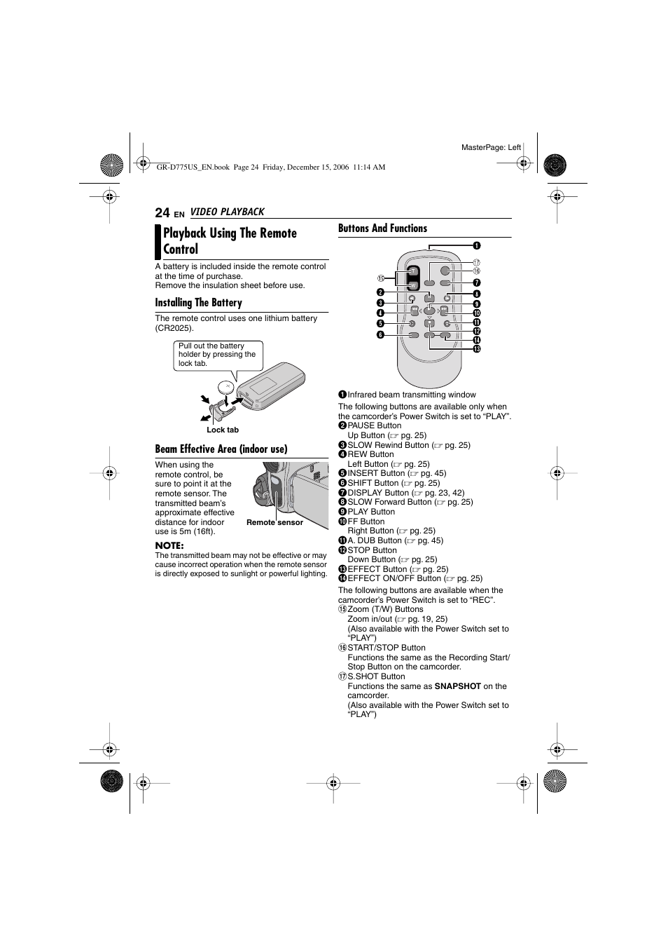 Playback using the remote control, Installing the battery, Beam effective area (indoor use) | Buttons and functions, Remote sensor (੬ pg. 24, 25) | JVC GR-D775U User Manual | Page 24 / 52