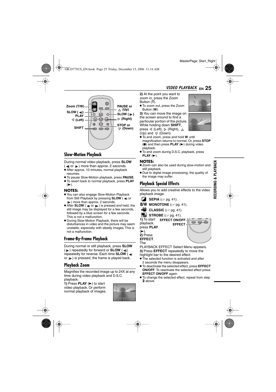 Slow-motion playback, Frame-by-frame playback, Playback zoom | Playback special effects, Up button, Pg. 25), Wind button, Left button, Shift button, Ard button | JVC GR-D775U User Manual | Page 25 / 52