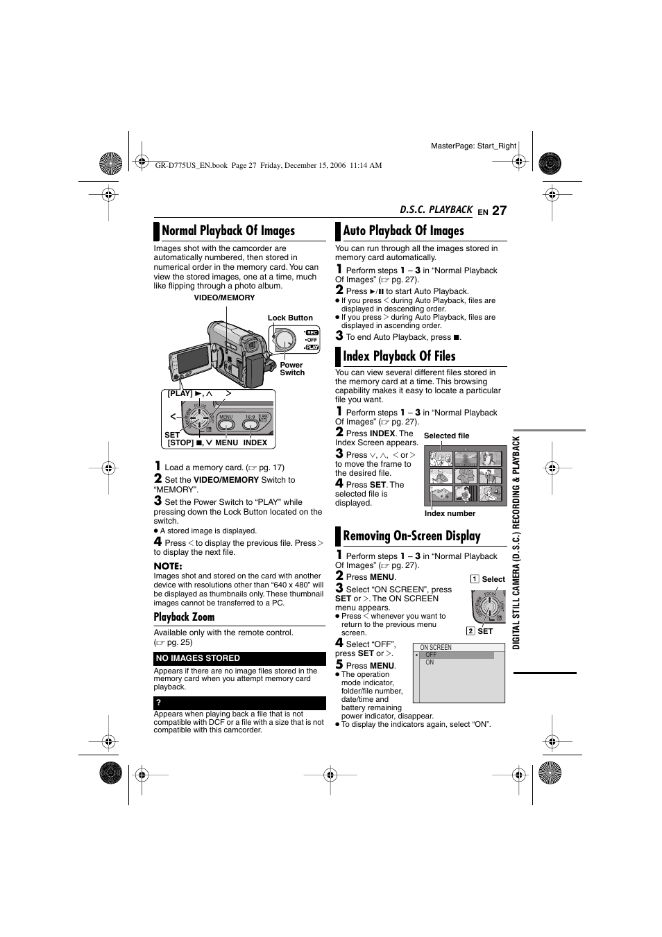 D.s.c. playback, Normal playback of images, Playback zoom | Auto playback of images, Index playback of files, Removing on-screen display, X button [index, Pg. 27) | JVC GR-D775U User Manual | Page 27 / 52