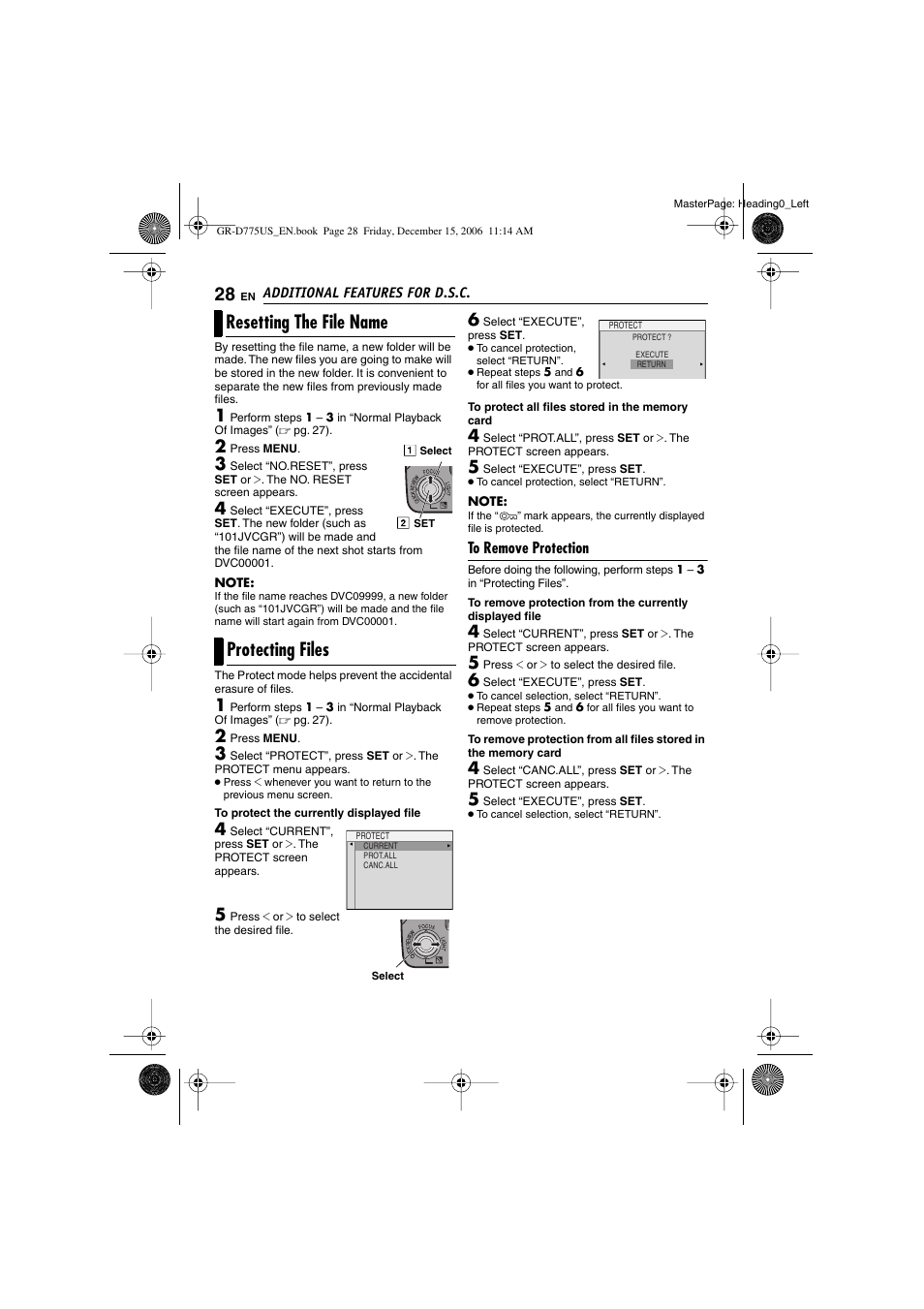 Additional features for d.s.c, Resetting the file name, Protecting files | To remove protection, Resetting the file name protecting files | JVC GR-D775U User Manual | Page 28 / 52