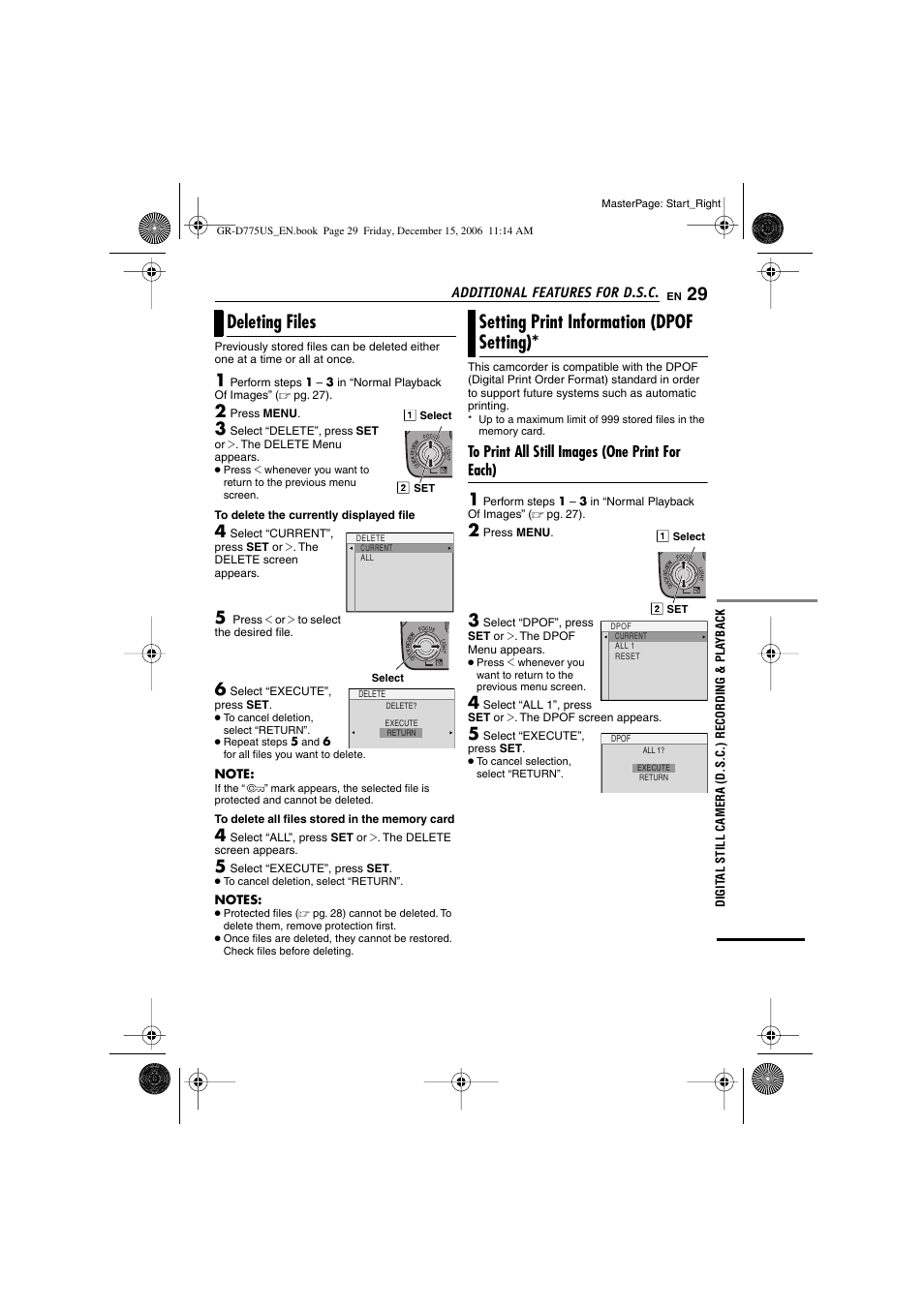 Deleting files, Setting print information (dpof setting), To print all still images (one print for each) | Pg. 29) | JVC GR-D775U User Manual | Page 29 / 52