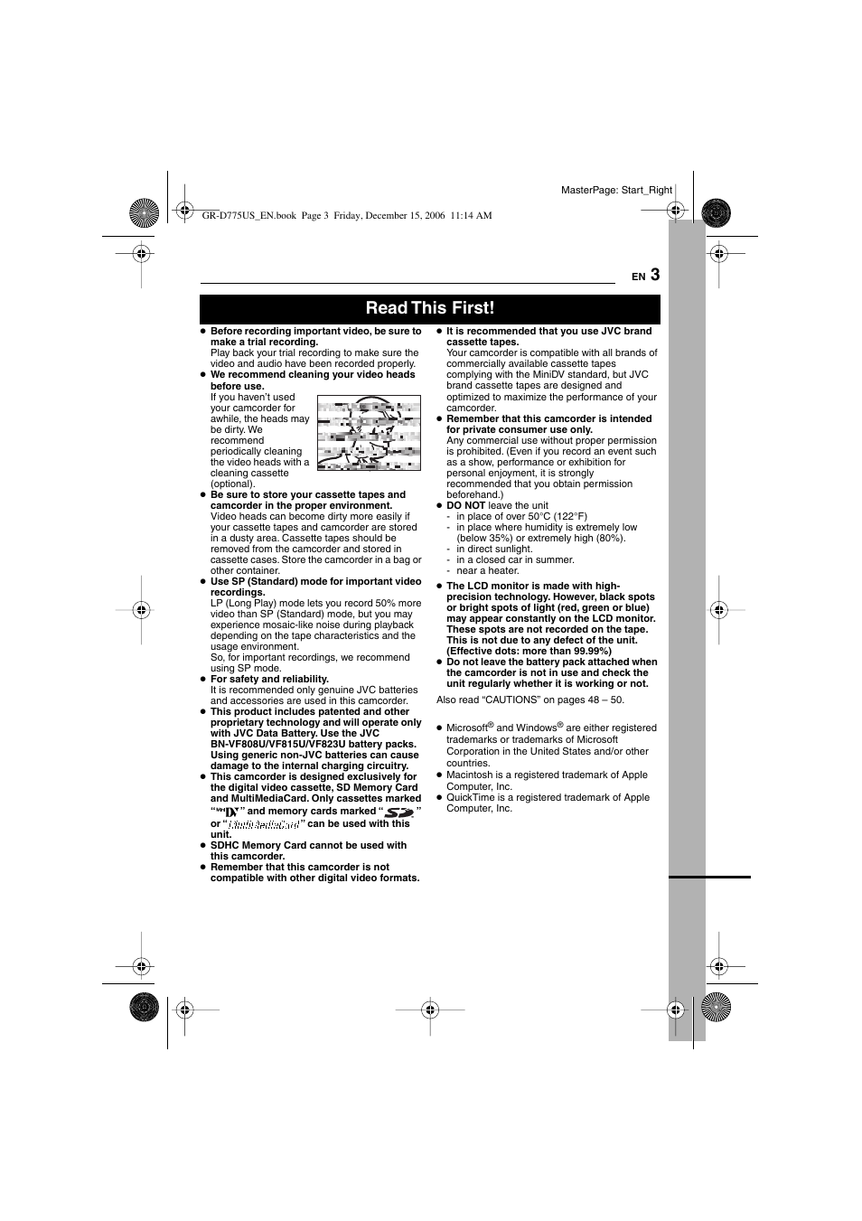 3 – 5 to ensure saf, Read this first | JVC GR-D775U User Manual | Page 3 / 52