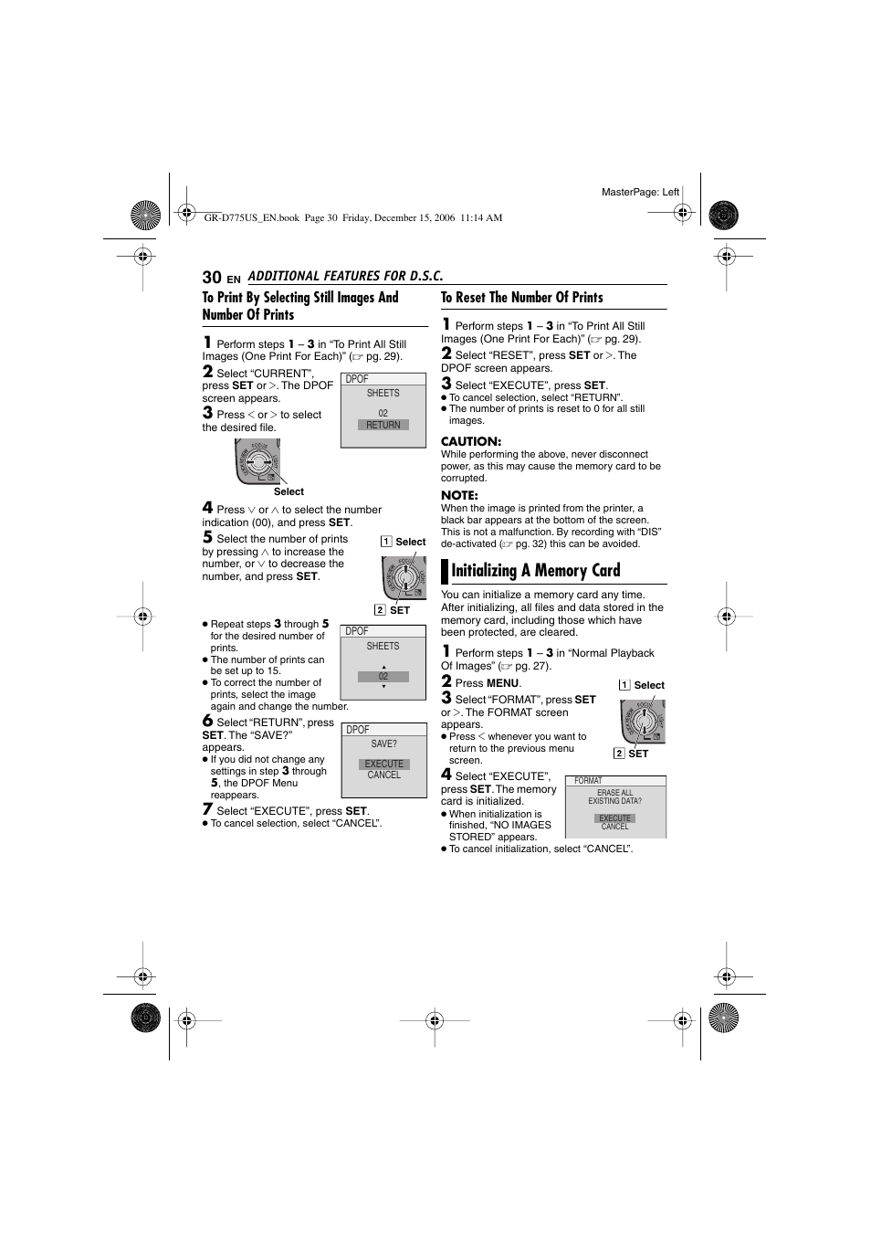To reset the number of prints, Initializing a memory card, Pg. 30) | JVC GR-D775U User Manual | Page 30 / 52