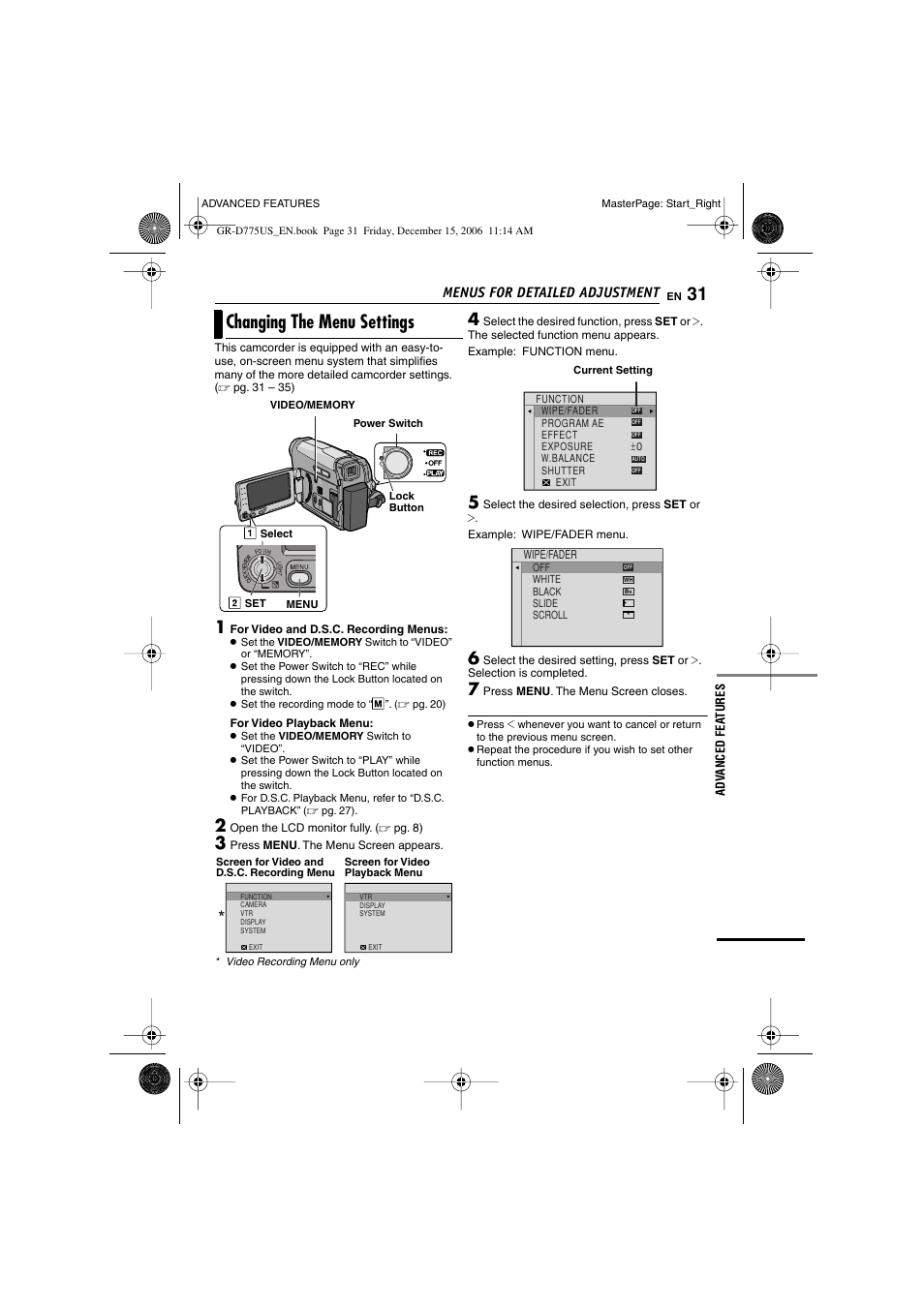 Menus for detailed adjustment, Changing the menu settings, Advanced features | Pg. 31, 34), U button [menu, Pg. 31), Pg. 31, 33 | JVC GR-D775U User Manual | Page 31 / 52