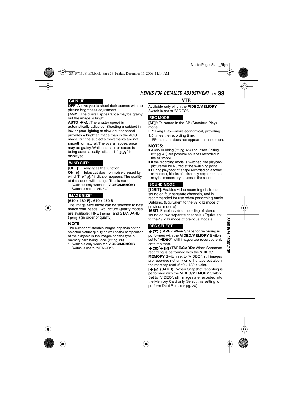 Recording speed mode (sp/lp), Pg. 33), Wind cut indicator | Indicator, Pg. 33) (appears f, Gain up mode, Pg. 33 | JVC GR-D775U User Manual | Page 33 / 52