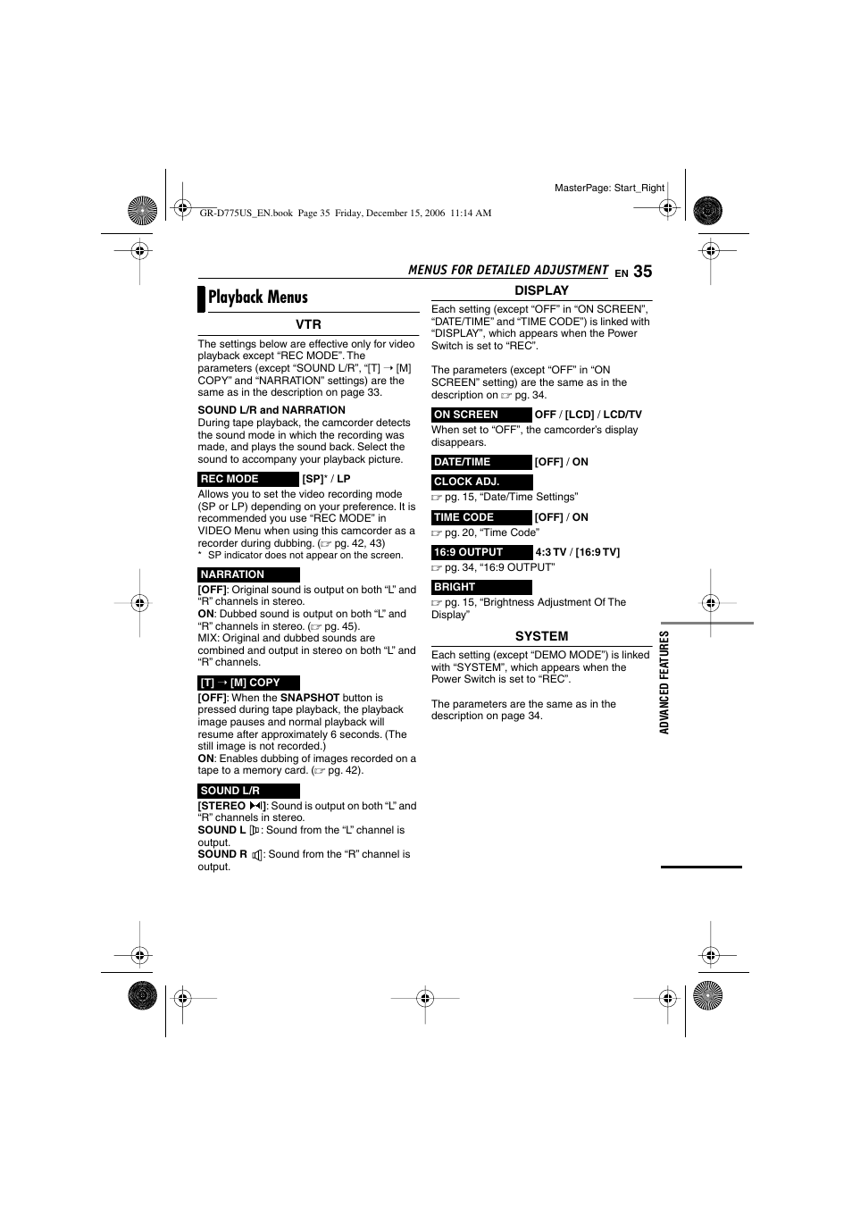 Playback menus, Sound l/r indicator, Pg. 35) | Ape speed (sp/lp), Date/time, Time code | JVC GR-D775U User Manual | Page 35 / 52