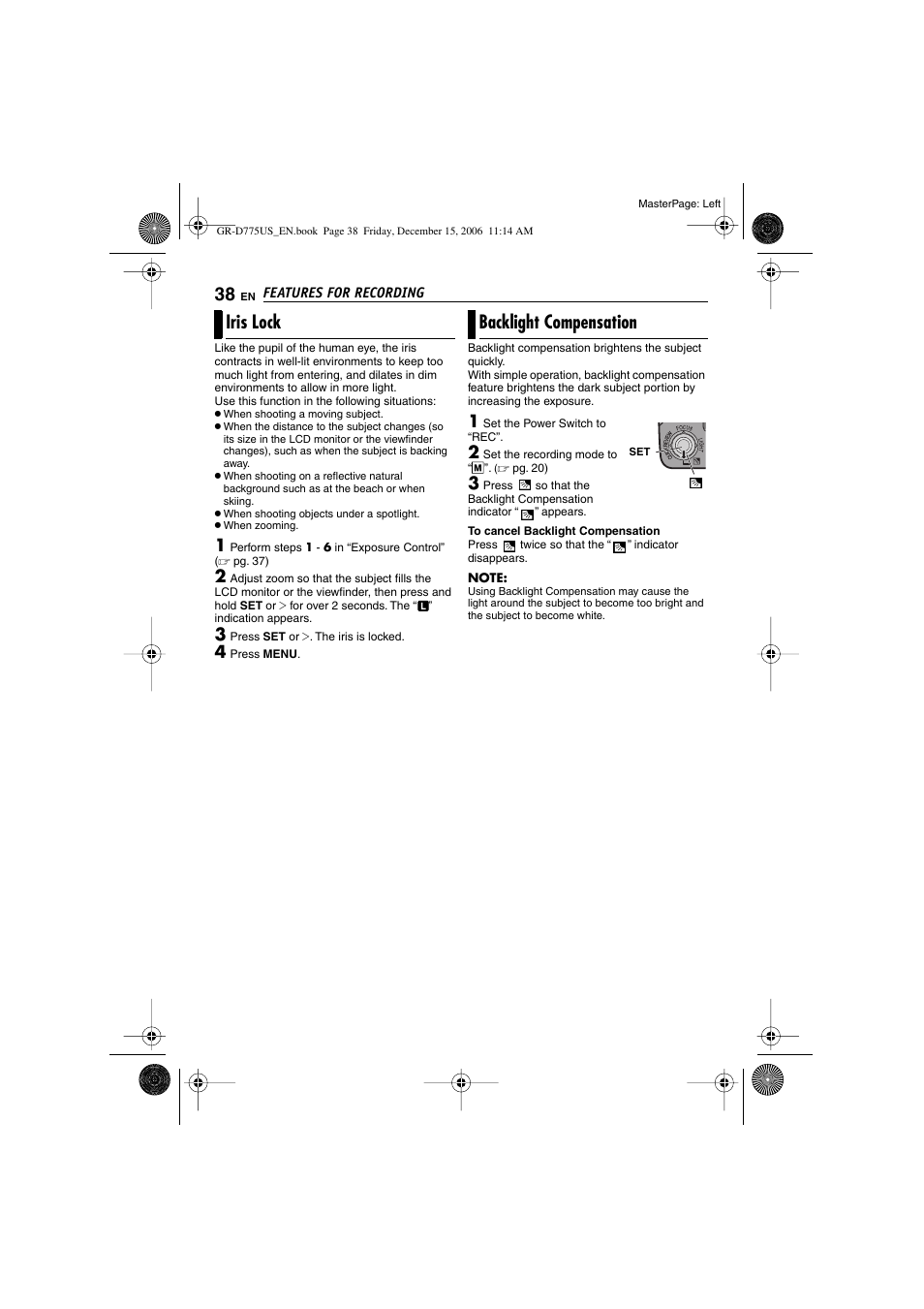 Iris lock, Backlight compensation, Pg. 38) | K indicator, Pg. 38) or, Iris lock backlight compensation | JVC GR-D775U User Manual | Page 38 / 52