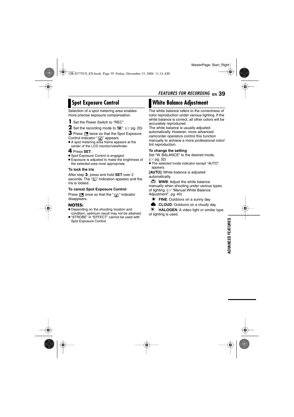 Spot exposure control, White balance adjustment, Spot exposure control white balance adjustment | Spot exposure, Pg. 39), White balance indicator | JVC GR-D775U User Manual | Page 39 / 52