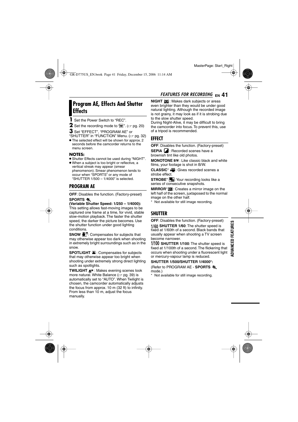 Program ae, effects and shutter effects, Program ae, Effect | Shutter, Pg. 41), E indicator, Shutter speed, Ect indicator, Am ae indicator, Pg. 41), “program ae, effects and shutter | JVC GR-D775U User Manual | Page 41 / 52