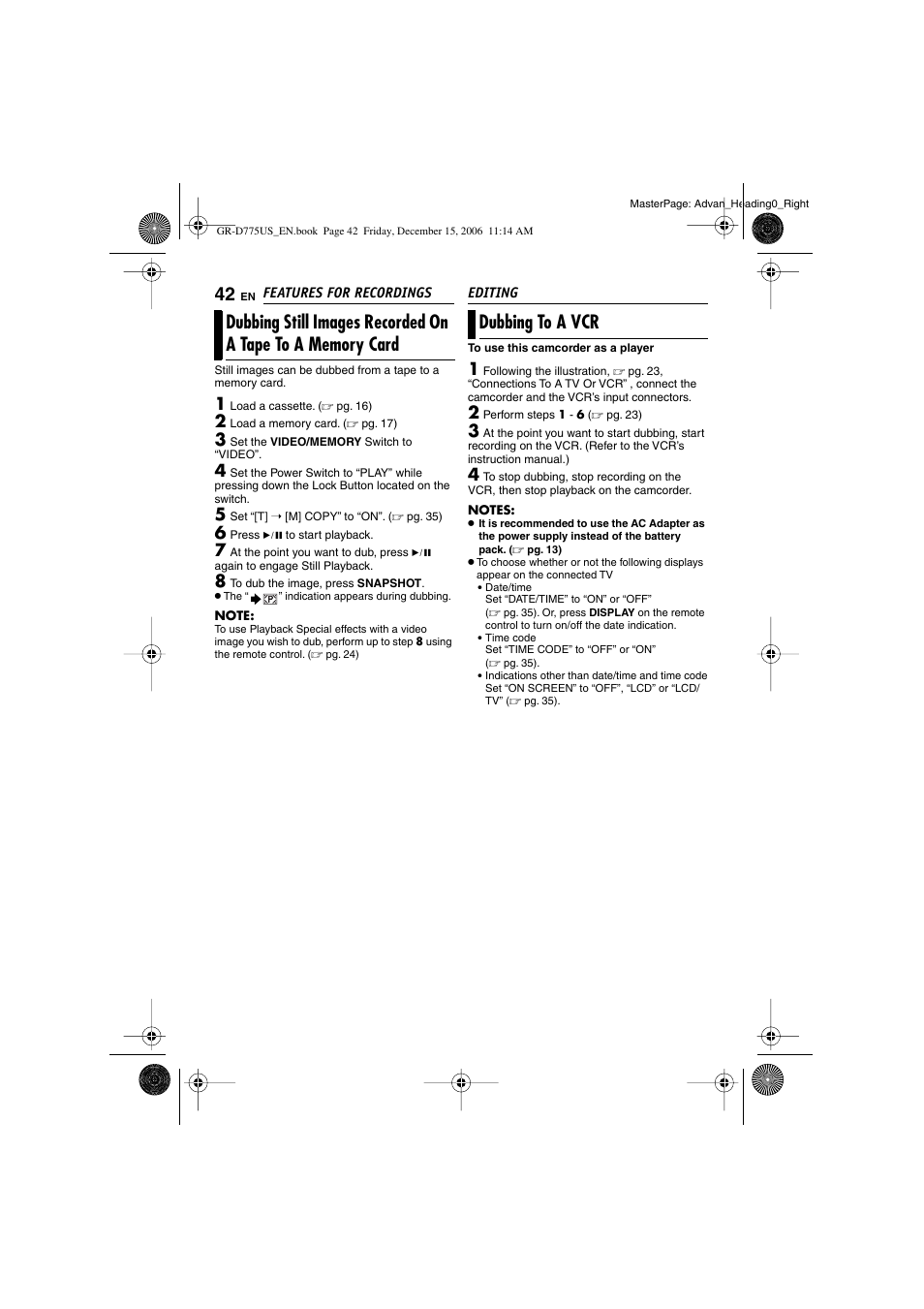 Dubbing to a vcr, Features for recordings, Editing | Pg. 42, 43), Pg. 42) | JVC GR-D775U User Manual | Page 42 / 52