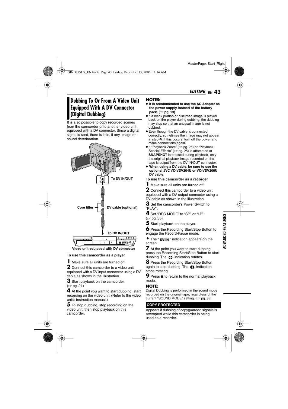 Dubbing to or from a video unit equipped, With a dv connector (digital dubbing), I.link*) | Pg. 43, 44) | JVC GR-D775U User Manual | Page 43 / 52