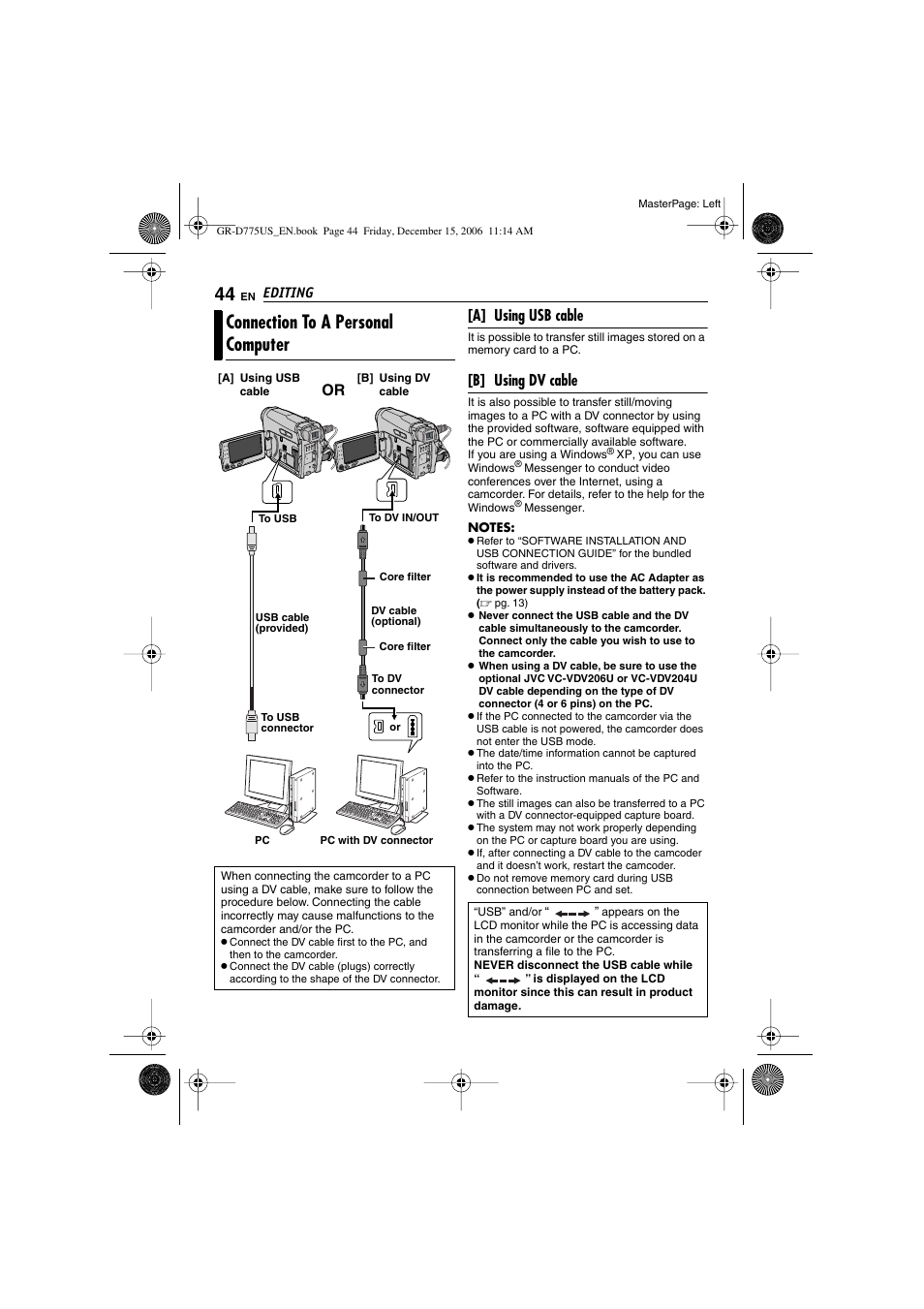 Connection to a personal computer, Pg. 44), A] using usb cable | B] using dv cable | JVC GR-D775U User Manual | Page 44 / 52