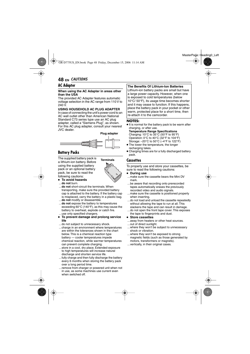 Cautions, Ac adapter, Battery packs | Cassettes, Pg. 48) | JVC GR-D775U User Manual | Page 48 / 52