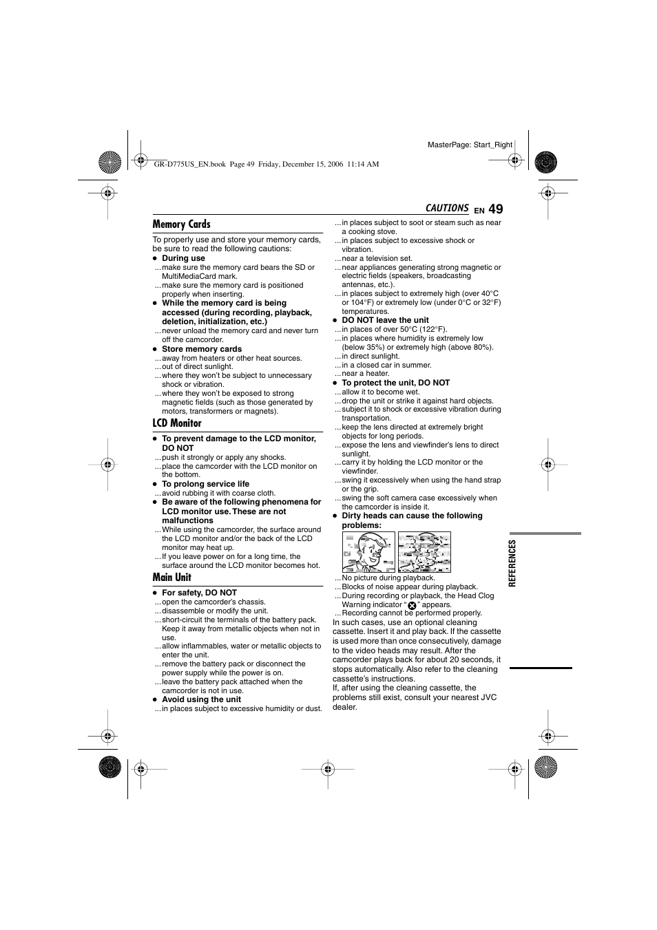 Memory cards, Lcd monitor, Main unit | Cautions | JVC GR-D775U User Manual | Page 49 / 52