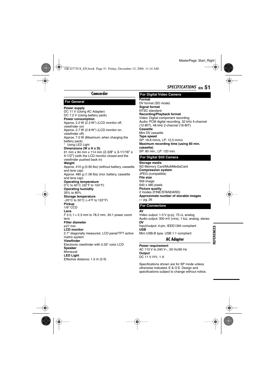 Specifications, Camcorder, Ac adapter | JVC GR-D775U User Manual | Page 51 / 52