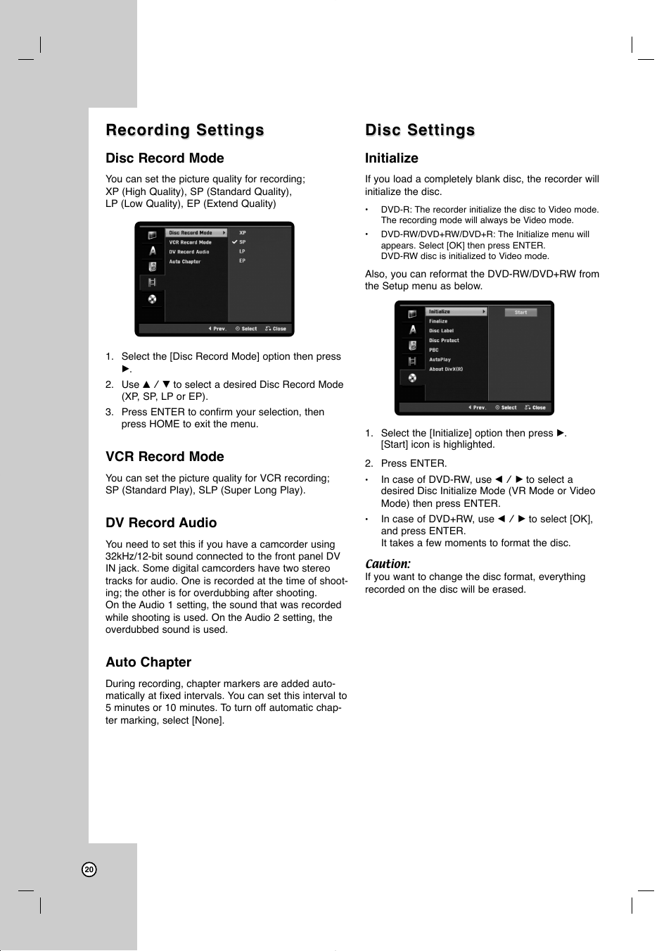 Recording settings, Disc settings, Disc record mode | Vcr record mode, Dv record audio, Auto chapter, Initialize | JVC DR-MV77SU User Manual | Page 20 / 53