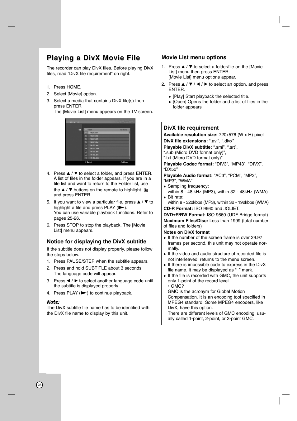 Playing a divx movie file | JVC DR-MV77SU User Manual | Page 28 / 53