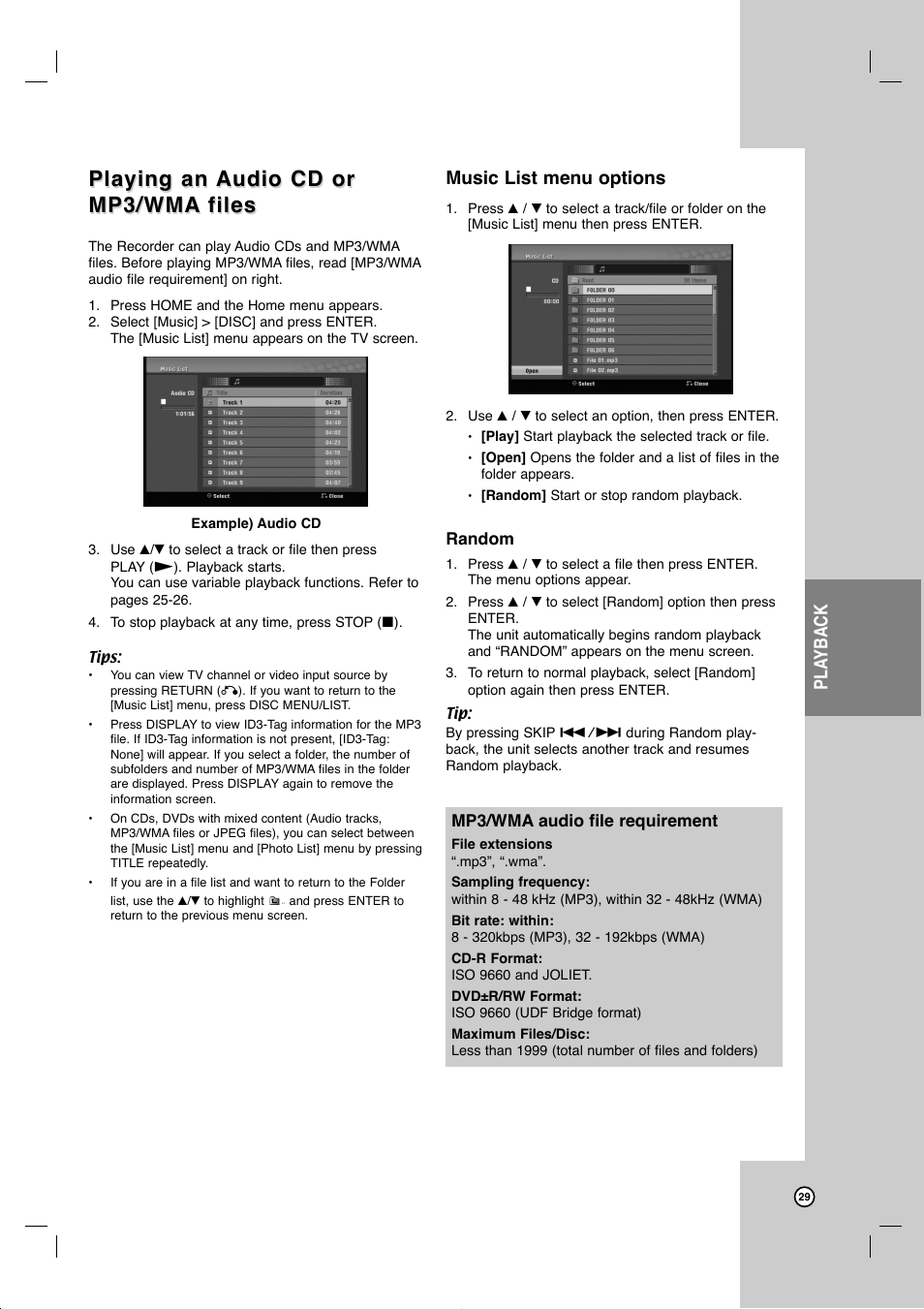 Playing an, Pla yback, Music list menu options | JVC DR-MV77SU User Manual | Page 29 / 53