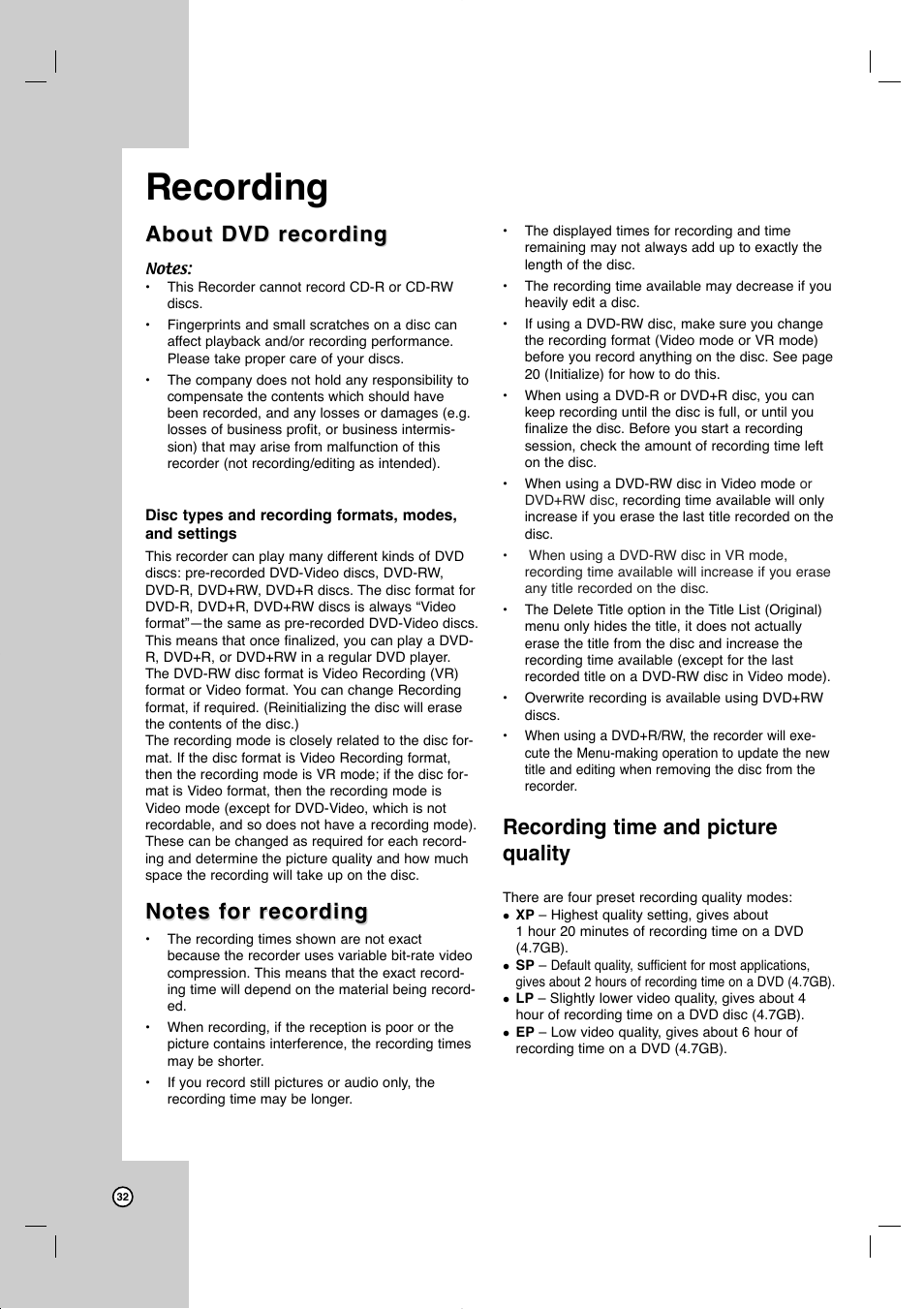 Recording, About dvd recording, Recording time and picture quality | JVC DR-MV77SU User Manual | Page 32 / 53