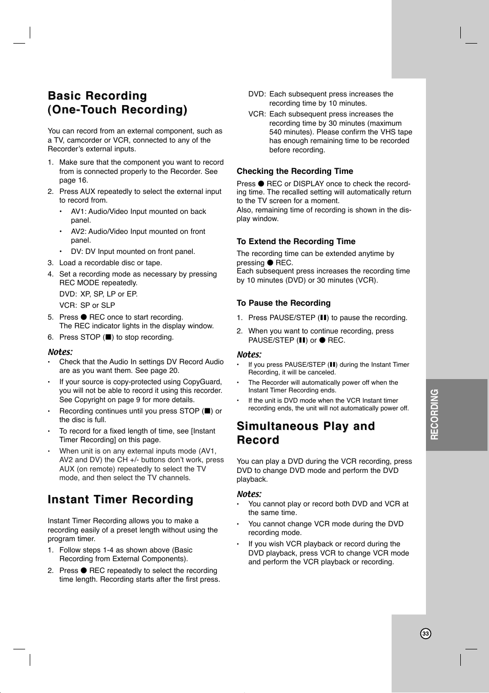 Basic recording, Instant t, Instant t imer recording imer recording | Simultaneous play and, Simultaneous play and record record, Recording | JVC DR-MV77SU User Manual | Page 33 / 53