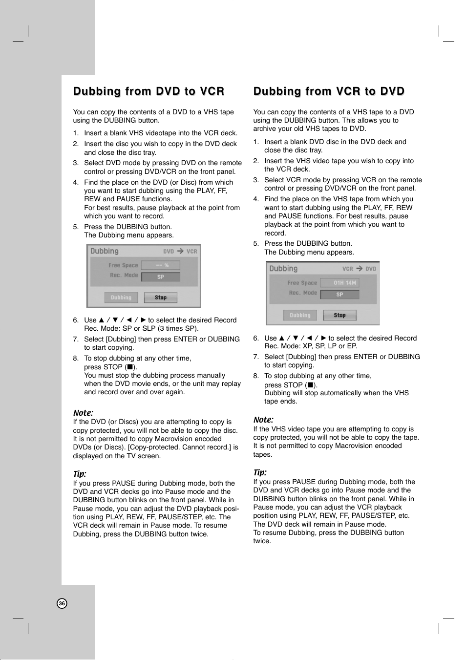 Dubbing from dvd to vcr, Dubbing from vcr to dvd | JVC DR-MV77SU User Manual | Page 36 / 53