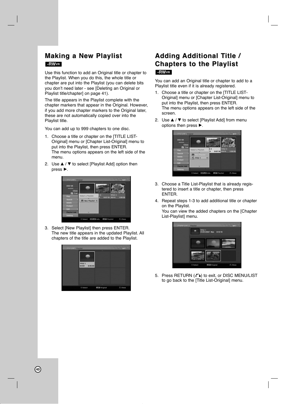 Making a new playlist, Adding | JVC DR-MV77SU User Manual | Page 40 / 53