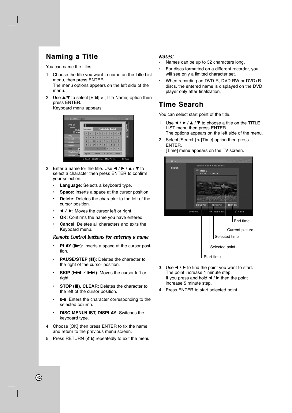 Naming a t, Naming a t itle itle, Time search ime search | JVC DR-MV77SU User Manual | Page 42 / 53