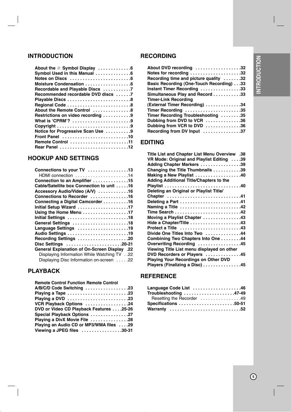 Introduction, Hookup and settings, Playback | Recording, Editing, Reference | JVC DR-MV77SU User Manual | Page 5 / 53