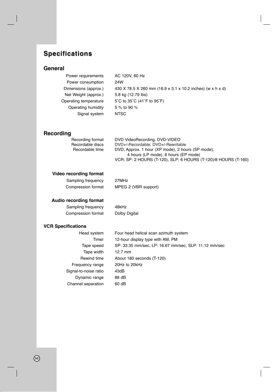 Specifications, General, Recording | JVC DR-MV77SU User Manual | Page 50 / 53