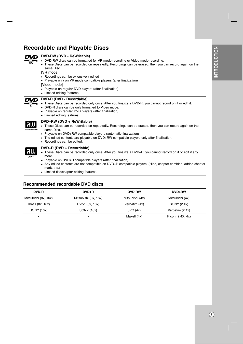 Recordable and playable discs, Introduction, Recommended recordable dvd discs | JVC DR-MV77SU User Manual | Page 7 / 53