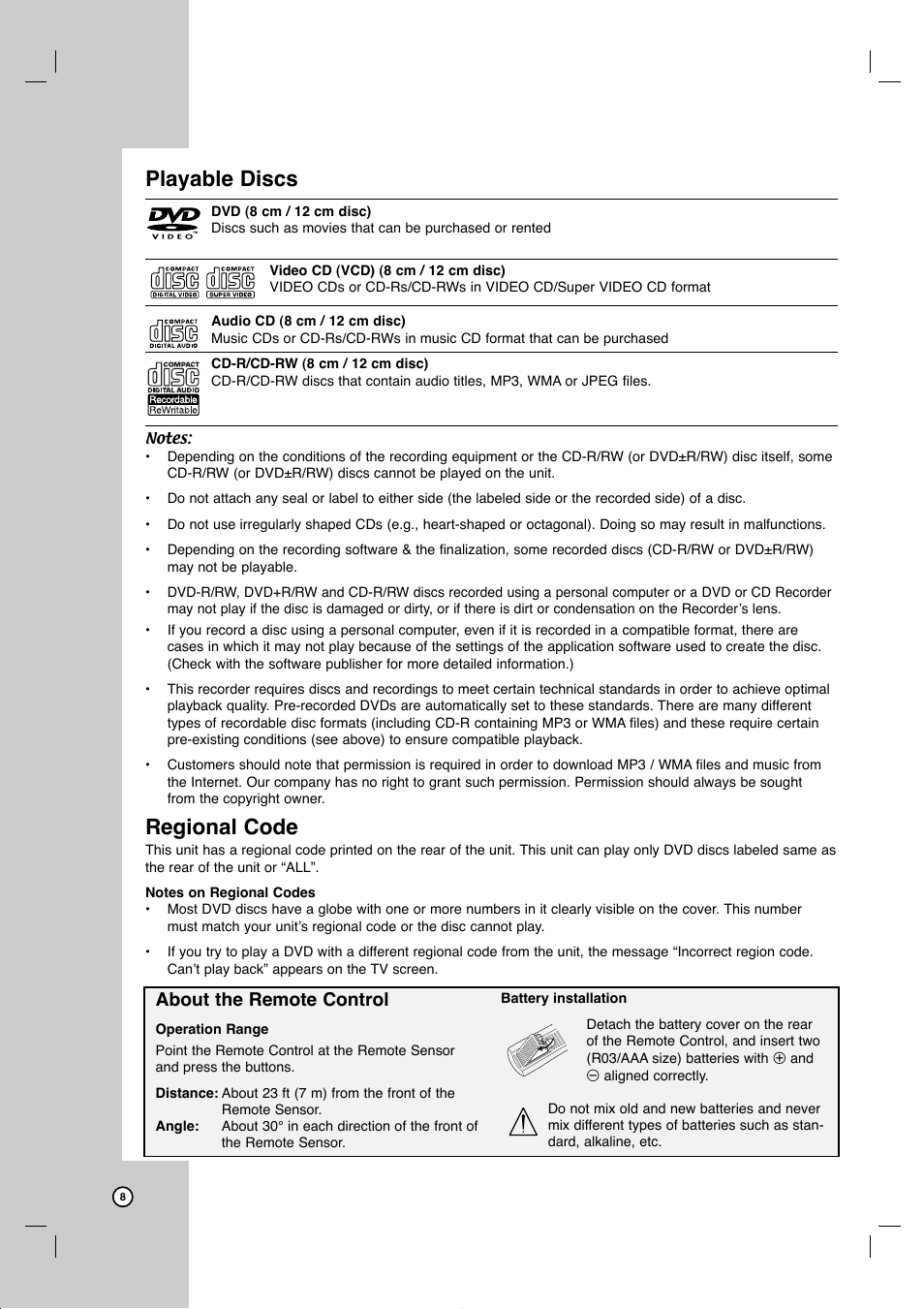 Playable discs, Regional code, About the remote control | JVC DR-MV77SU User Manual | Page 8 / 53