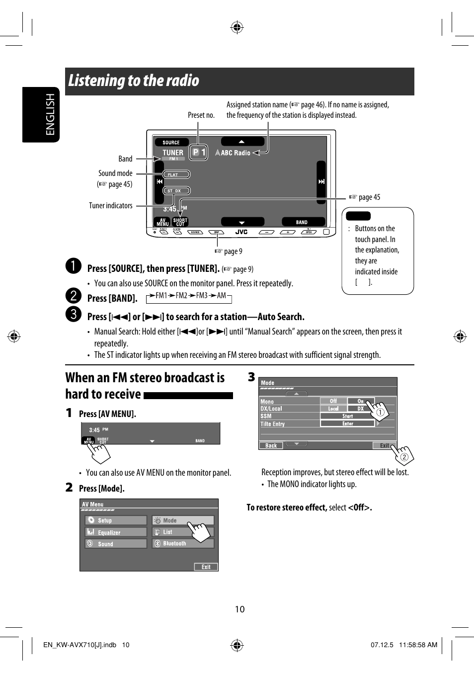 Listening to the radio, When an fm stereo broadcast is hard to receive | JVC KW-ADV790 User Manual | Page 10 / 207