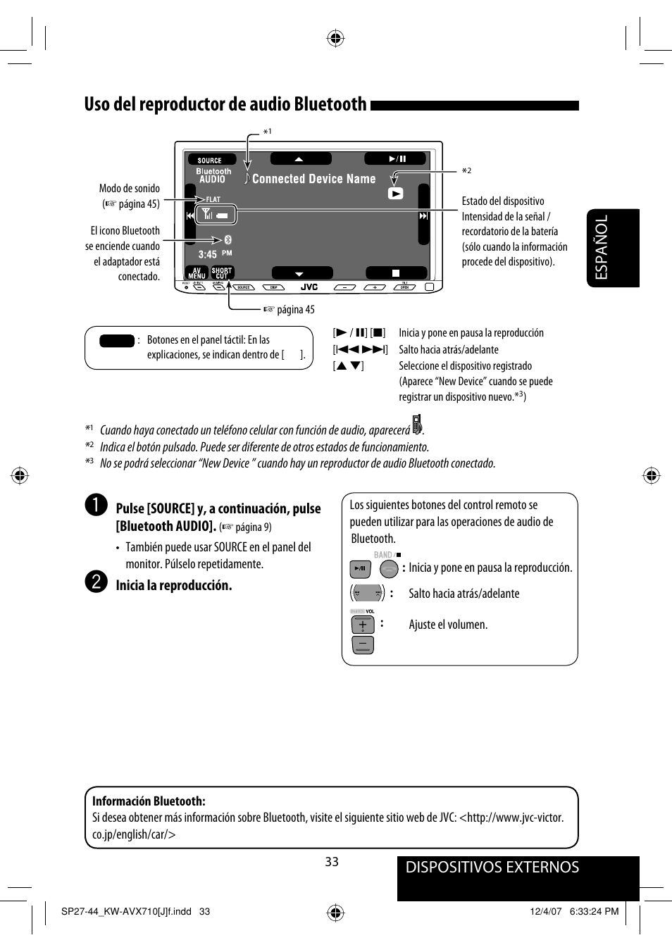 Uso del reproductor de audio bluetooth, Dispositivos externos español | JVC KW-ADV790 User Manual | Page 101 / 207