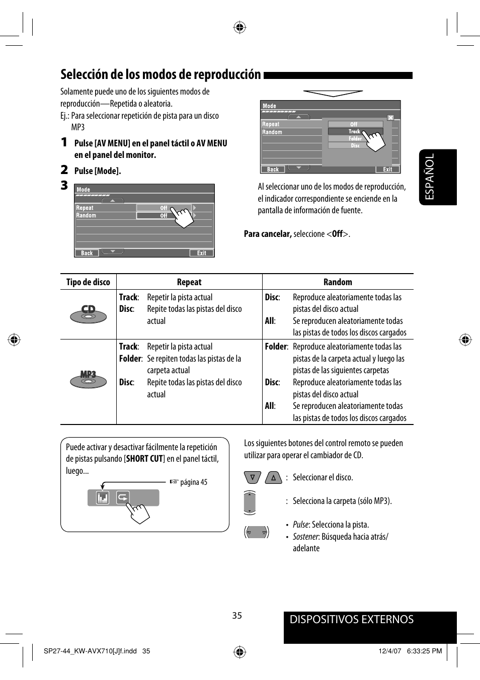 Selección de los modos de reproducción, Dispositivos externos español | JVC KW-ADV790 User Manual | Page 103 / 207