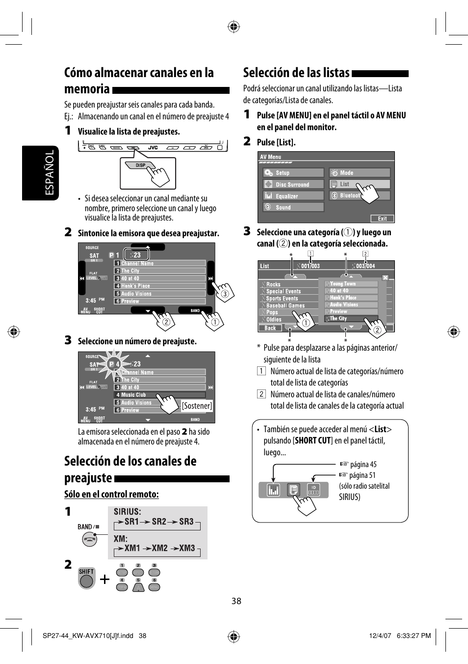 Selección de los canales de preajuste, Selección de las listas | JVC KW-ADV790 User Manual | Page 106 / 207