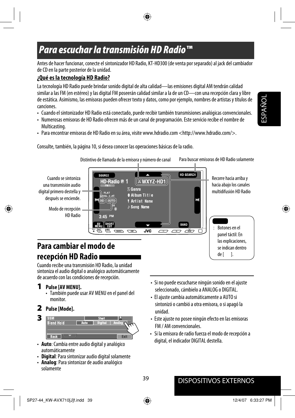 Para escuchar la transmisión hd radio, Para cambiar el modo de recepción hd radio, Dispositivos externos español | JVC KW-ADV790 User Manual | Page 107 / 207