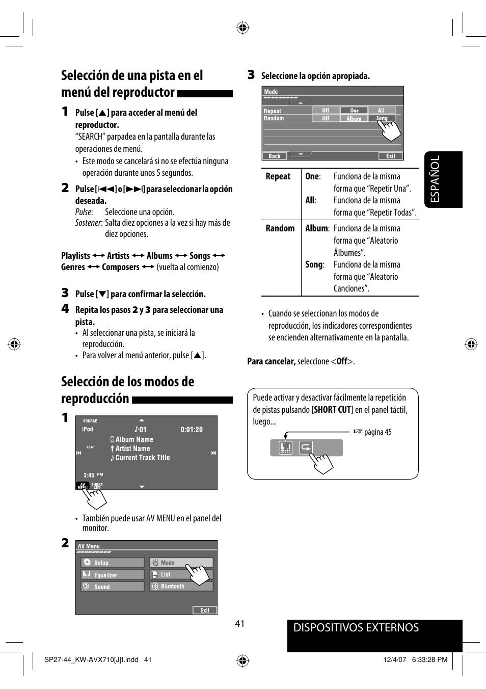 Selección de una pista en el menú del reproductor, Selección de los modos de reproducción | JVC KW-ADV790 User Manual | Page 109 / 207
