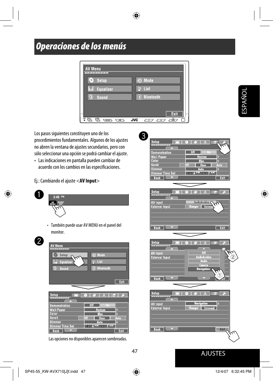 Operaciones de los menús | JVC KW-ADV790 User Manual | Page 115 / 207