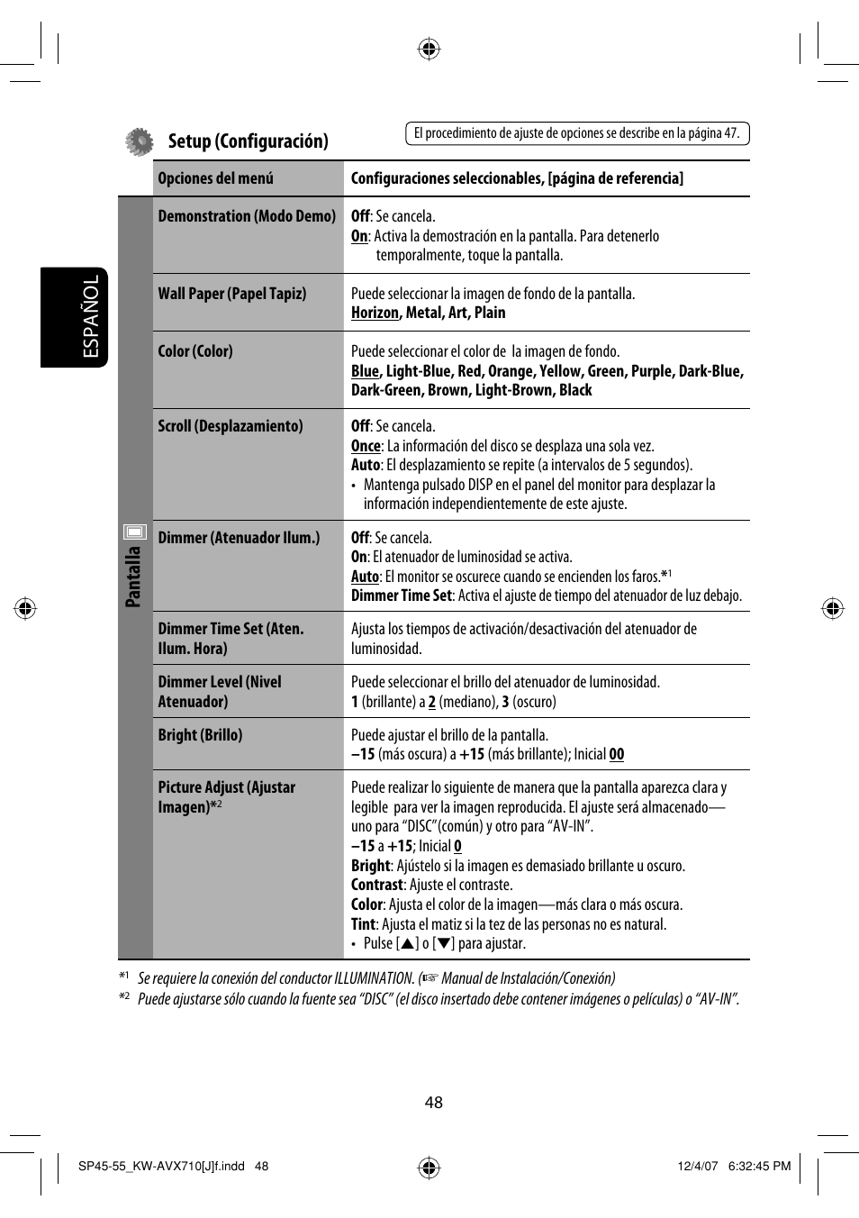Español setup (configuración), Pantalla | JVC KW-ADV790 User Manual | Page 116 / 207